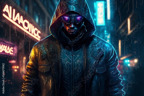 a science fantasy 80’s dark cyberpunk urban fantasy, large vigilante in vigilante-style clothes. generative AI