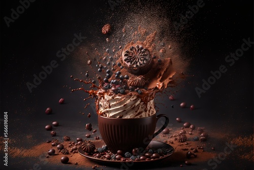  a cup filled with chocolate and sprinkles on top of a saucer and surrounded by nuts and other things on a black background. generative ai