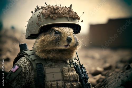Portrait of a ground hog in a demolition military outfit, generative ai