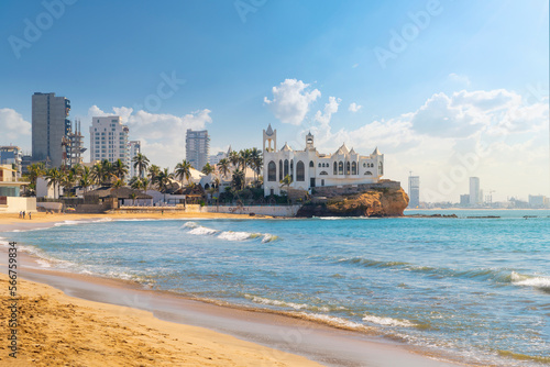 The sandy beach and resorts along the Playa Gaviotas beach at the Golden Zone of the Sinaloa Rivera, at Mazatlan, Mexico.