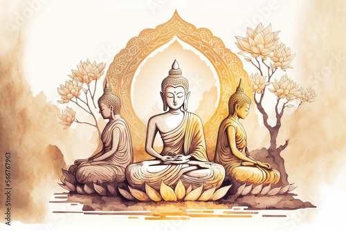 The nature of buddhas and bodhisattvas, sitting on beautiful spectral light golden lotus. Generative AI