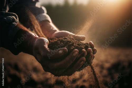  a person holding dirt in their hands with the sun shining in the background and a field in the foreground with trees in the background. generative ai