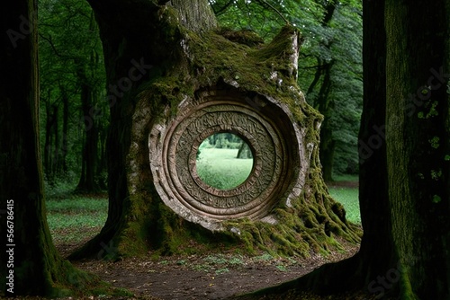 A huge circular portal to another dimension innate in an old oak tree in the midst of an old secret forest. Digital painting concept art. Woods from a fairy tale world.