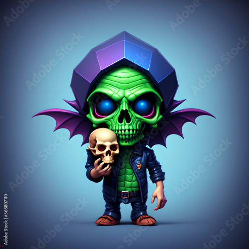 Charming and eerie plastic toy skull goblin with human skull. AI generated 3D illustration.