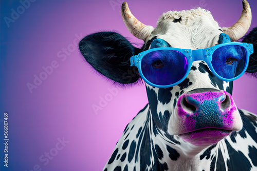 Cool Cow: A Whimsical Bovine Wearing Sunglasses on a purple Studio Background, Generative AI