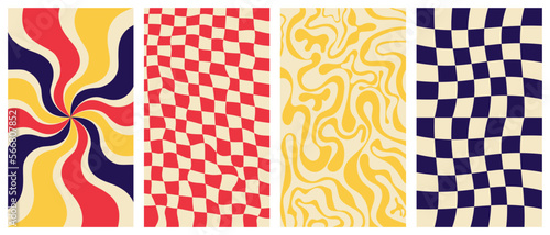 Groovy hippie 70s vector backgrounds set. Chessboard and twisted patterns. Backgrounds in trendy retro trippy style.Twisted and distorted vector texture in trendy retro psychedelic style