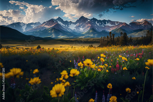 A picturesque meadow with wildflowers in bloom and a mountain range in the background, mountain, landscape, nature, sky, mountains, flower, meadow, summer, flowers, spring, field, grass, travel, alps,