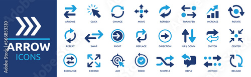 Arrow icon set. Containing cursor arrow, change, transfer, switch, swap, exchange, up, down and refresh symbol icons. Solid icon collection.