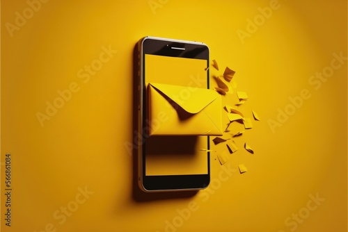 Cellphone with envelope coming out of the screen. Concept of receiving and sending email by cell phone, Generative AI