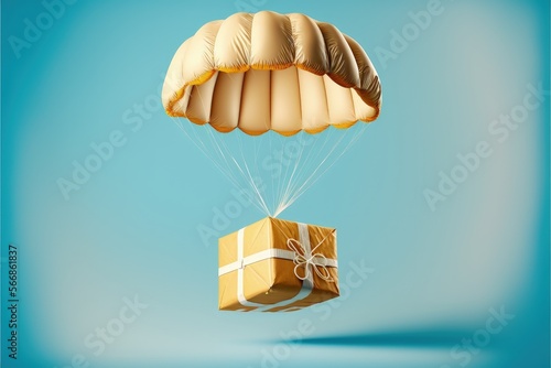 Parcel with parachute. Package with order. blue background. Digital illustration, Generative AI