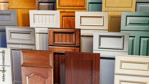 wooden cabinet door samples on a store disply