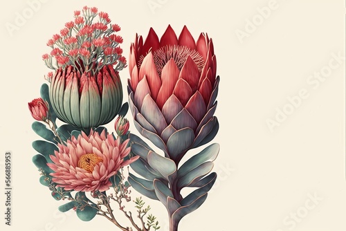 Watercolour clip-art of protea flower. Elegant Mother's day card, Birthday banner, wedding invitation. Exotic flowers on a creamy background. Posters, planners, web, landing page, wallpaper. AI image