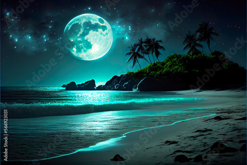 tropical beach at night with moon and sea
