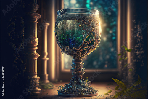 Holy grail chalice in an abandoned fantasy room, magic item, Generative AI