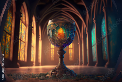 Holy grail chalice in a temple, magic item, Generative AI
