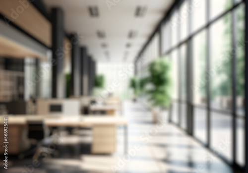 Blurred office workspace in the evening , interior workplace with cityscape for business presentation background, AI generated