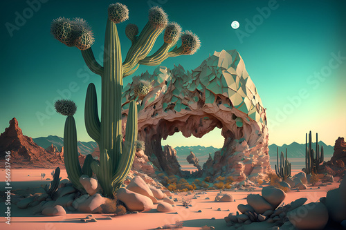 Dreamlike Landscape with Giant Cacti, generative ai