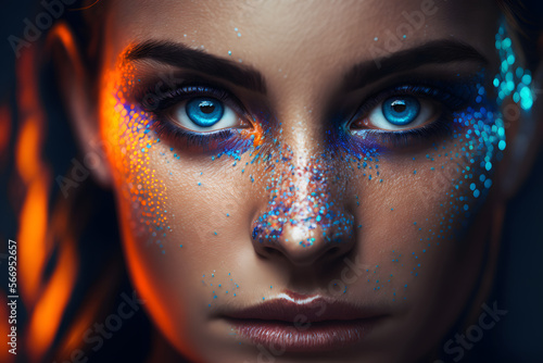 Regard perçant d'une femme brune aux yeux bleus avec paillettes bleues sur le visage » IA générative