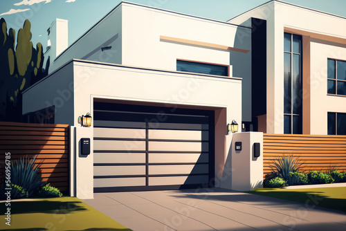 sectional modern residence with white gate gateway and contemporary garage door. Generative AI
