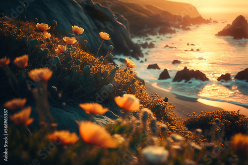 yellow flowers bloom over mountains by the shore.Generative Ai