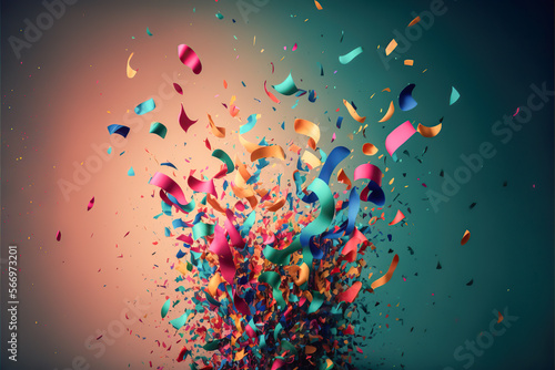 Colored confetti exploding party popper on studio background with copy space for text or banner design. Generative AI.