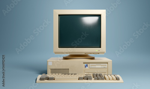 Retro 1990s style beige desktop PC computer and monitor screen and keyboard. 3D illustration.