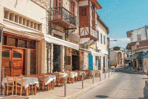 Streets of the old city of Limassol. Blue shutters on the colonial architecture of Cyprus.