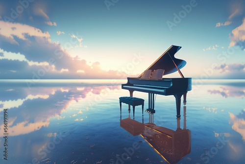Surreal sea scene with piano on the water at dusk. Sea and sky. Generative AI