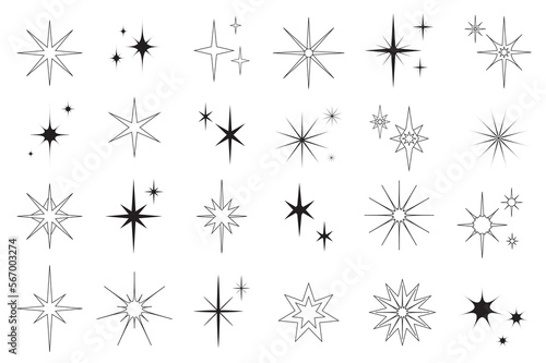 Line stars set graphic elements in flat design. Bundle of minimalistic linear black symbols of starry night, falling star, firework in sky, Christmas decorations. Illustration isolated objects