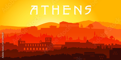 Acropolis Athens Greece silhouette illustration. Athens skyline. Parthenon. Inscription "Athens"