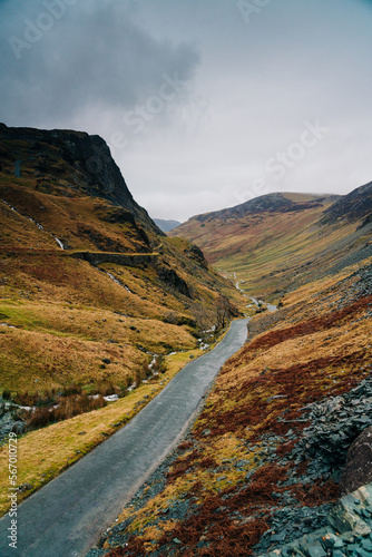 Honister Pass through the mountain and past the slate mine and statues. In the Lake District.