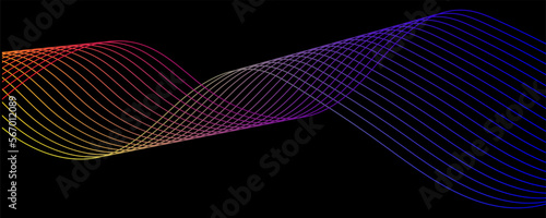 Vector abstract background. Dynamic wave flow of bright colored lines on a black background