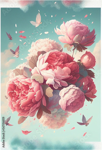 Bouquet of spring flowers peonies and roses against a blue sky with clouds in the air, pastel pink colors, wedding concept, mother's day, space for text, vintage gentle style. Generative AI