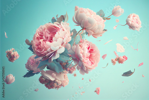 Bouquet of spring flowers peonies and roses against a blue sky with clouds in the air, pastel pink colors, wedding concept, mother's day, space for text, vintage gentle style. Generative AI