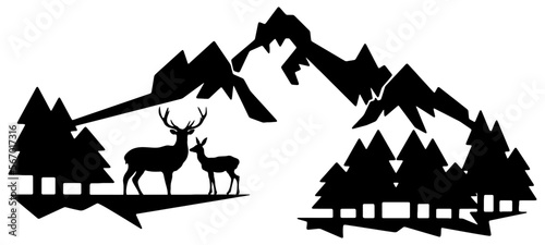 Black silhouette of deer mountains and forest fir trees camping landscape panorama illustration icon vector for logo, isolated on white background