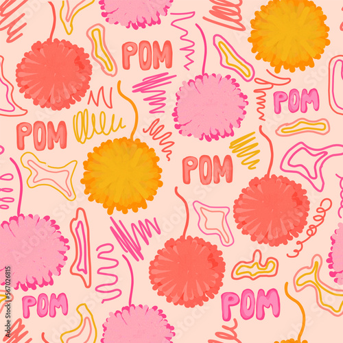 Seamless pattern with pom-poms. pink background. childish design seamless with yellow pom-poms