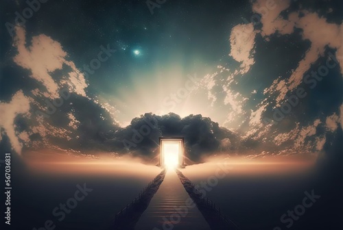 way to heaven with light glow from the eternal horizon, concept of adventure to unknown place, Generative Ai 
