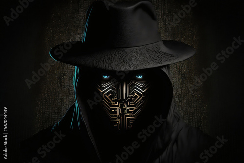 Black hat hackers for cybersecurity business. face on illustration with black background