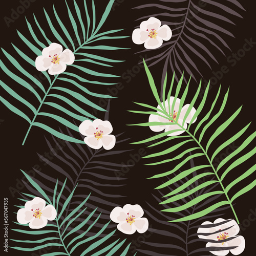Banner with palm leaves on a black background and with white flowers. Beautiful background. Desktop has become. Print for textiles and wallpapers. Vector stock illustration. pattern