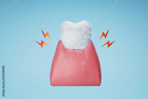 teeth and electric sparks metaphor sensitive teeth treatment and prevention. 3D rendering.