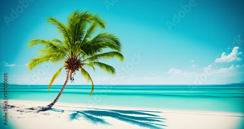 Idyllic Tropical Beach with palm tree, travel summer paradise banner background, illustration generativ ai 