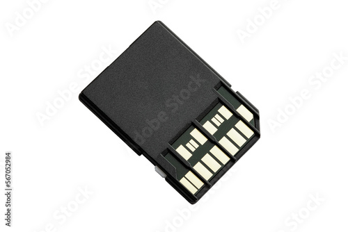 compact black SD memory card with metal contacts, isolated on a white background