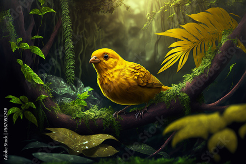 A canary is hiding behind the leaves in the old forest. Generative AI. Lovely canary wallpaper.