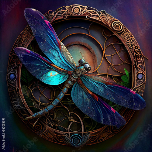 Colorful Dragonfly Insect in Vibrant Colors With a Vine Entwined Motif. Done by Generative Ai.