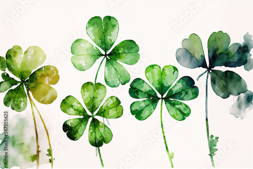 Four leaf clover pattern. St. Patrick's day watercolor on white background. Generative AI