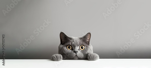 beautiful funny grey British cat peeking out from behind a white table with copy space, space for text by ai generative
