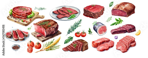 illustrations aspect aquarelle, viande de boucherie isolée sur fond blanc