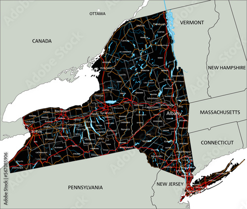 High detailed New York road map with labeling.