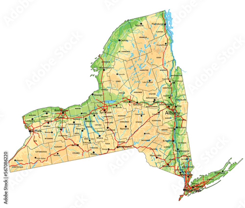 High detailed New York physical map with labeling.