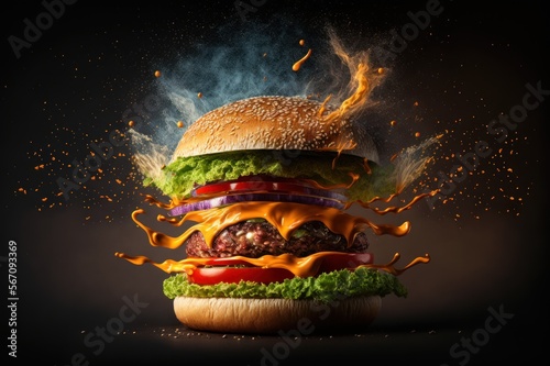 Hamburger with lots of cheese, vegetables, explosion of flavors, smoked on the barbecue, generative by AI